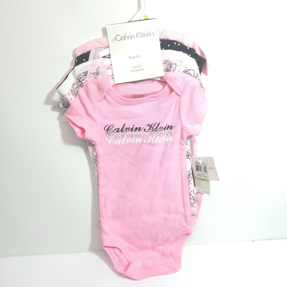Calvin Klein Baby Girl Layette 5-Pack Bodysuits Newborn 3-6 M Pink Black White